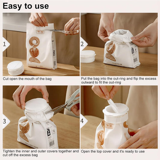 Bag Seal With Pour Spout, Reusable Airtight Bag Closure with Dual Pour Spouts, Plastic Bags Seal Cap for Flour, Cereal, Pet Food, Snacks, Kitchen Storage Organization Accessory