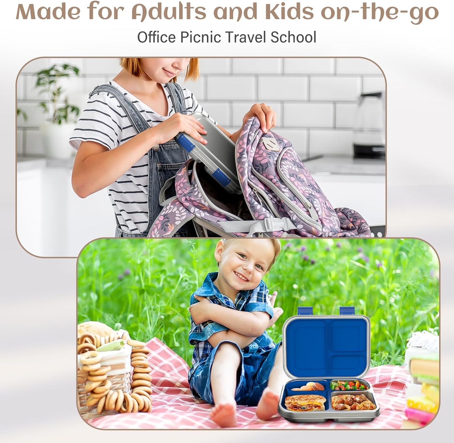 BABHAMNESS Stainless Steel Bento Box Kids, 3 Compartments Leak Proof Metal Bento Lunch Box, 304 Stainless Steel Bento Lunch Containers for School and Office,Dishwasher Safe, BPA-Free-Pink