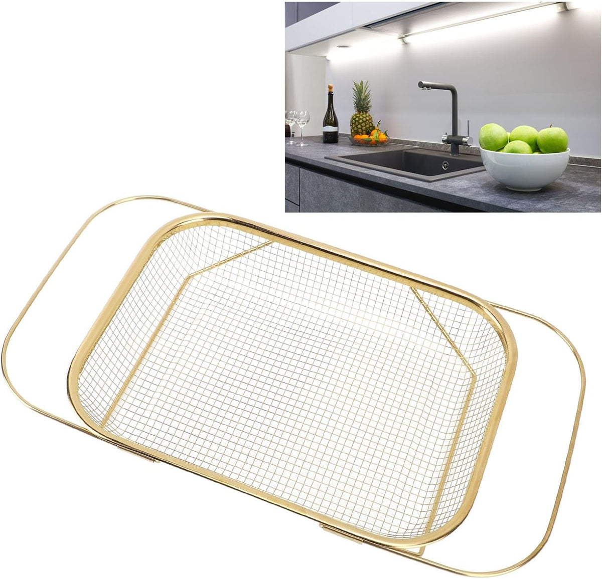 Over The Sink Colander, Stainless Steel Expandable Baskets with Handles Rectangle Kitchen Fine Mesh Strainer Basket for Strain Drain Rinse Fruits Vegetables (Gold)
