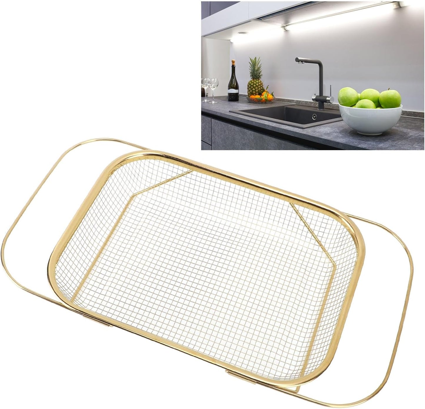 Over The Sink Colander, Rectangle Stainless Steel Over The Sink Strainer Basket For Kitchen Sink with Handles Fine Mesh Expandable Handy Kitchen Tool Kitchen Essentials (Rose Gold)