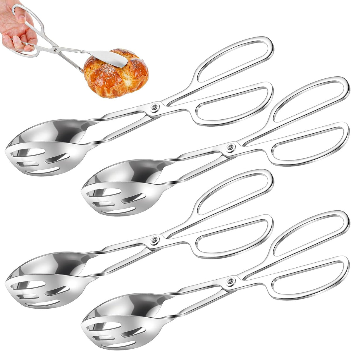 4-Pack Stainless Steel Salad Tongs & Serving Tongs - Scissor-Style Kitchen Utensils for Buffet, Party, Cooking, Baking, BBQ (Silver)