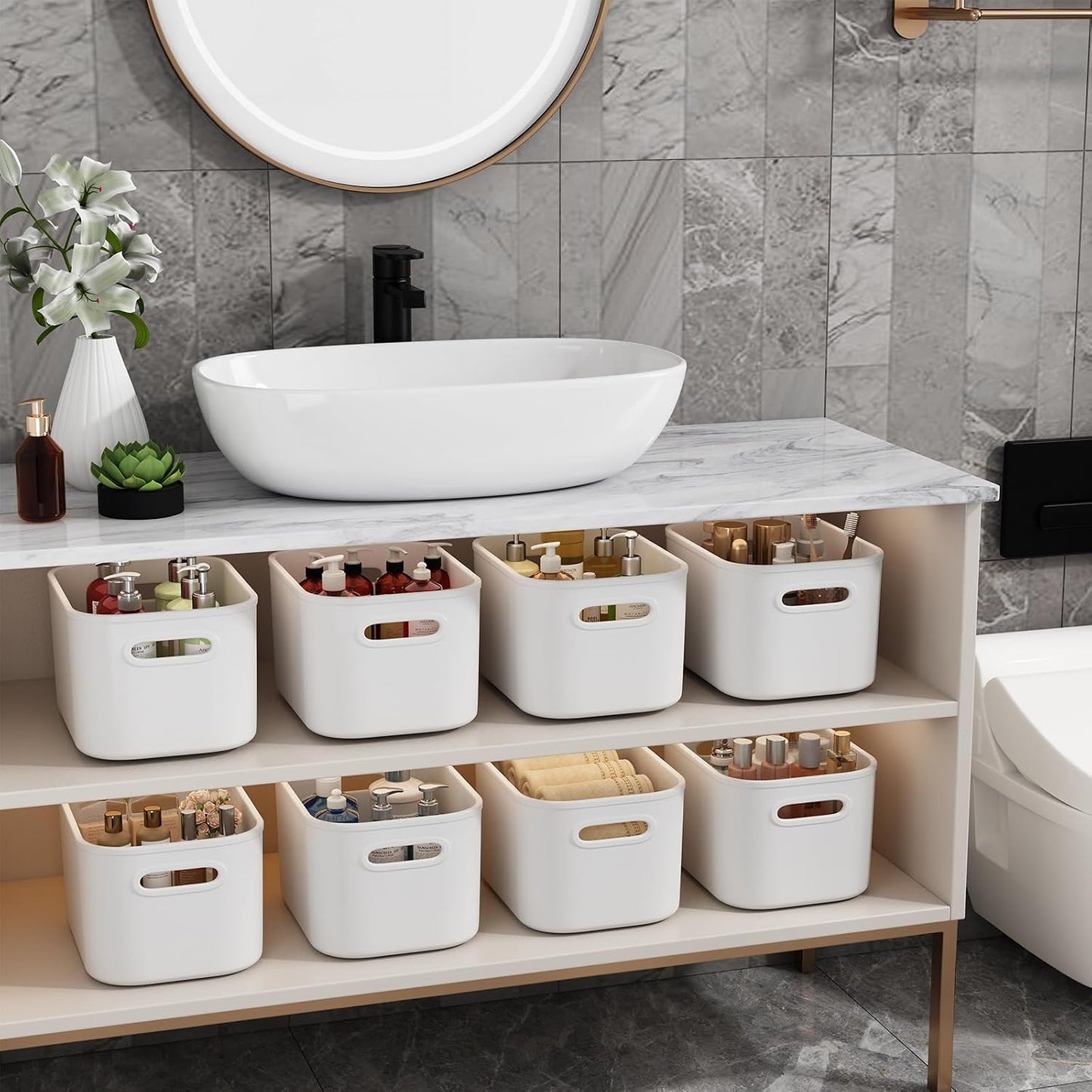 8 Pack White Storage Bins with Lids for Shelves, White Storage Containers with Lids for Organizing, Storage Box with Handle, Stackable White Plastic Bin for Classroom, Craft, Snacks