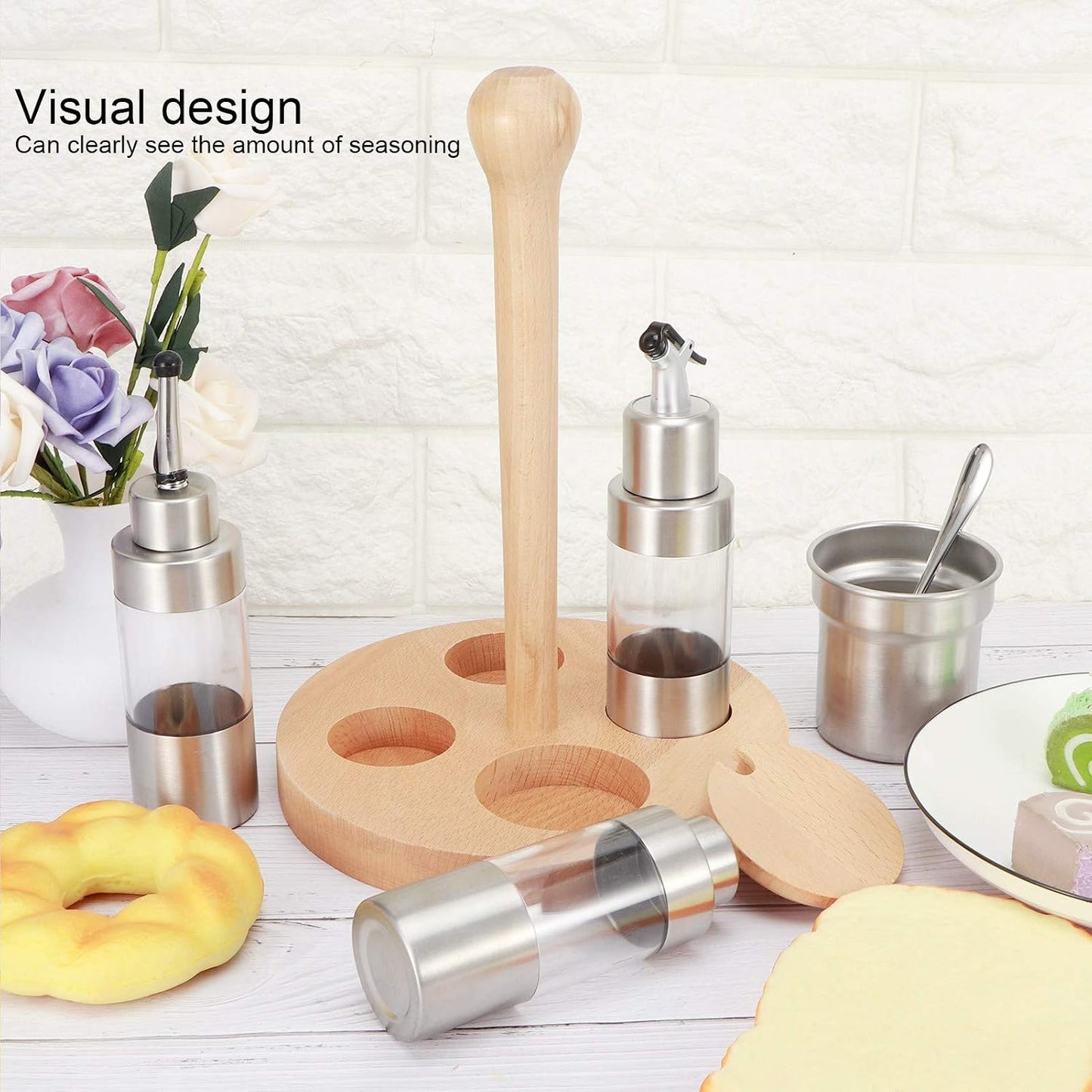Cruet Set, Wood Condiment Spice Pepper Jar Box 5PCS Stainless Steel Plastic Oil Vinegar Salt Pepper Condiment Dispensers Set with Spoon (square wooden frame)