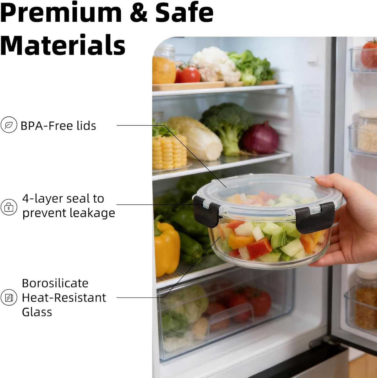 Konokyo Square Glass Food Storage Containers with Lids, 12 Pack Airtight Leakproof Meal Prep Containers, BPA-Free, Microwave Oven Freezer & Dishwasher Safe, Assorted Sizes