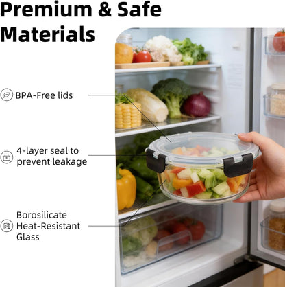 Konokyo Square Glass Food Storage Containers with Lids, 12 Pack Airtight Leakproof Meal Prep Containers, BPA-Free, Microwave Oven Freezer & Dishwasher Safe, Assorted Sizes