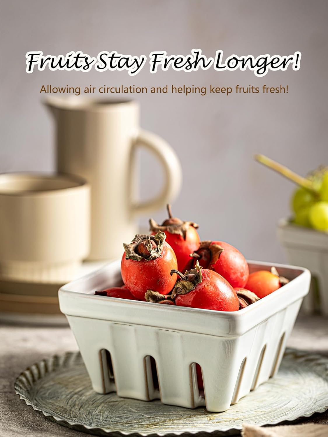 Gomakren Berry Bowls with Holes Ceramic, Berry Washing Bowl Basket Set of 2, 5.8 Inch Round Fruit Bowl Storage Containers, Strawberry Baskets, Farmhouse Kitchen Decor, Yellow + Brown