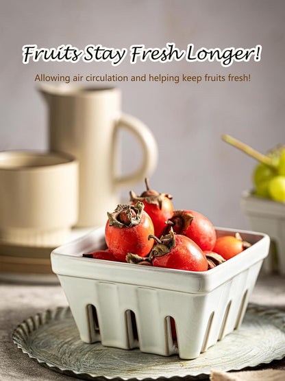 Gomakren Berry Bowls with Holes Ceramic, Berry Washing Bowl Basket Set of 2, 5.8 Inch Round Fruit Bowl Storage Containers, Strawberry Baskets, Farmhouse Kitchen Decor, Yellow + Brown