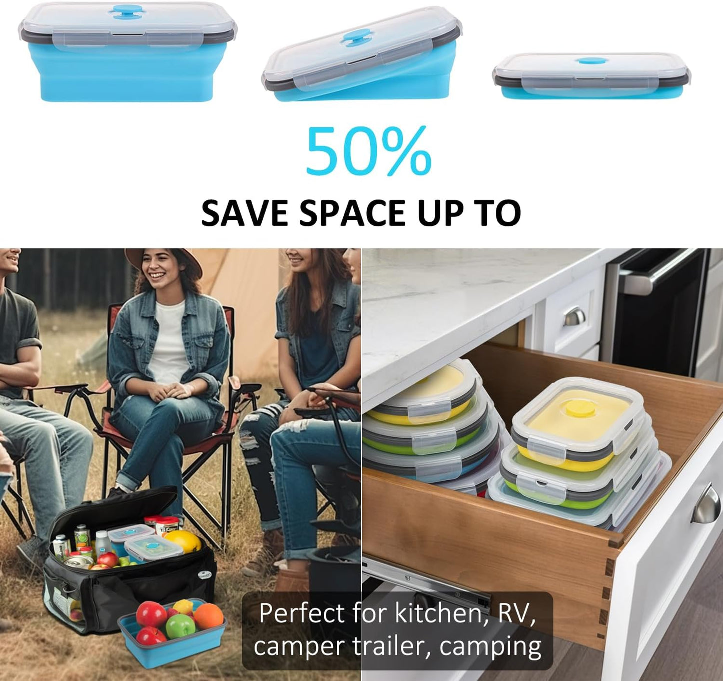 Collapsible Food Storage Containers with Lids, 4 Pack, 40 oz Silicone 1-Compartment Meal Prep Containers Reusable, Lunch Bento Boxes for Adults, Microwave Freezer Dishwasher Safe, BPA-Free, Black