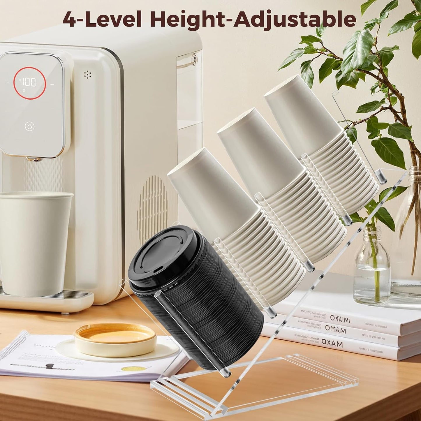 Acrylic Cup and Lid Holder, Adjustable Holder Organizer Disposable Cup Dispenser Stand with Coffee Pod, Creamer Straw Organizer Countertop for Coffee Bar Station Bakery Breakroom