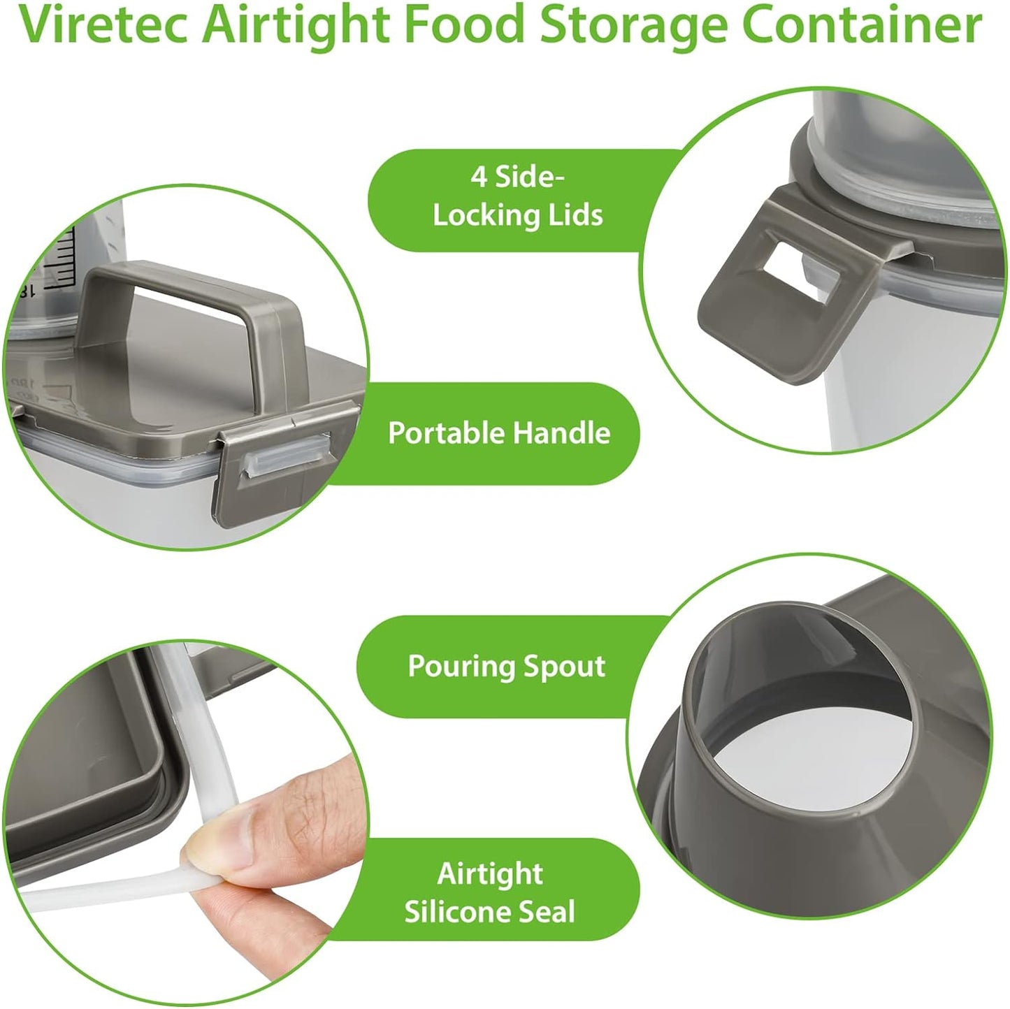 Viretec Rice Storage Container, 15 to 20lb Dry Food Airtight Dispenser, Pet Dog Cat Food Canister, BPA Free Clear Plastic Kitchen and Pantry Bin for Oatmeal, Cereal, Pasta, Flour Pack of 2 Grey