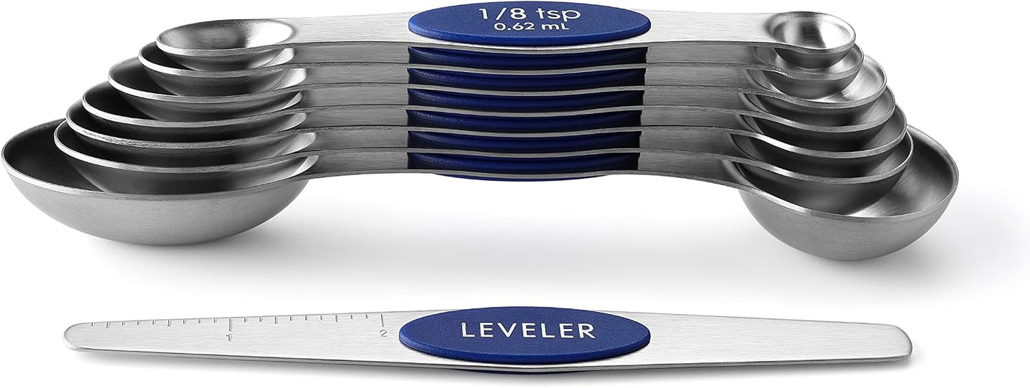 Spring Chef Stainless Steel Magnetic Measuring Spoons Set with Strong N45 Magnets, Heavy Duty Metal Kitchen Gadgets for Baking & Cooking, Fits in Most Kitchen Spice Jars, Set of 8 with Leveler, Black