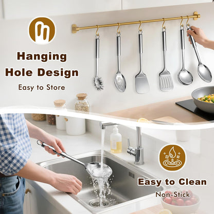 9 Pcs Cooking Utensils Set, Stainless Steel Kitchen Utensils, Heat Resistant Metal Kitchen Tools Include Solid & Slotted Spatula, Serving Spoon, Ladle, Pasta Server,Potato Maseher, Egg Whisk, Silver