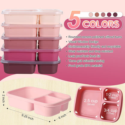 Honeydak 5 Pack Snack Containers 3 Compartment Bento Snack Boxes Divided Meal Prep Containers with Lids Reusable Adults Lunch Food Storage Box for School Work Travel(Elderberry)