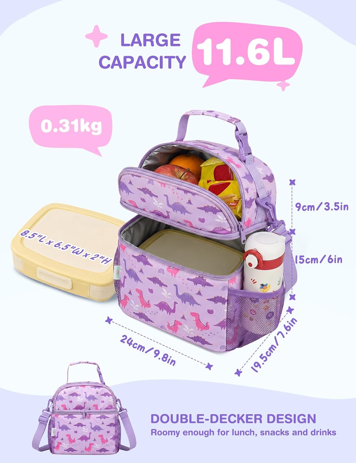VASCHY Lunch Box Bag for Kids, Insulated Double Compartments Cooler Lunch Tote for Toddlers Boys Girls School/Daycare/Picnic Black Dinos