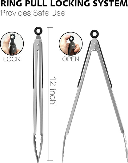 Anaeat Premium Kitchen Locking Tong Set of 3 - Heavy Duty Stainless Steel Food Tongs with Long Handle & Non-Slip Silicone Grip for Cooking, Baking, Grilling - Heat Resistant up to 480°F