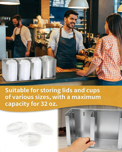 Stainless Steel Cup Dispenser,3 Compartments Cup Holder and Lid Holder with Adjustable Dividers,Cup Organizer for Kitchen Cabinets Cafe Shop Restaurant,Includes Straw Holder