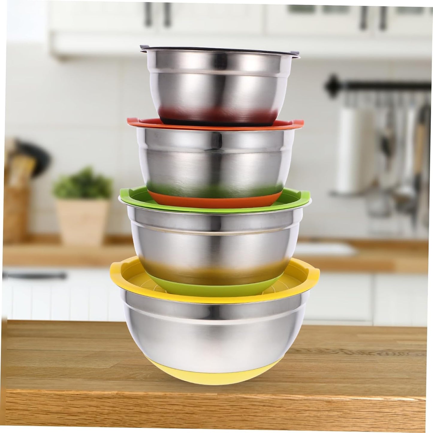 Cabilock 4pcs Non- Stainless Steel Mixing Bowl Base Deep Round Salad and Soup Bowls Mixed Colors for Fruits Vegetables and More