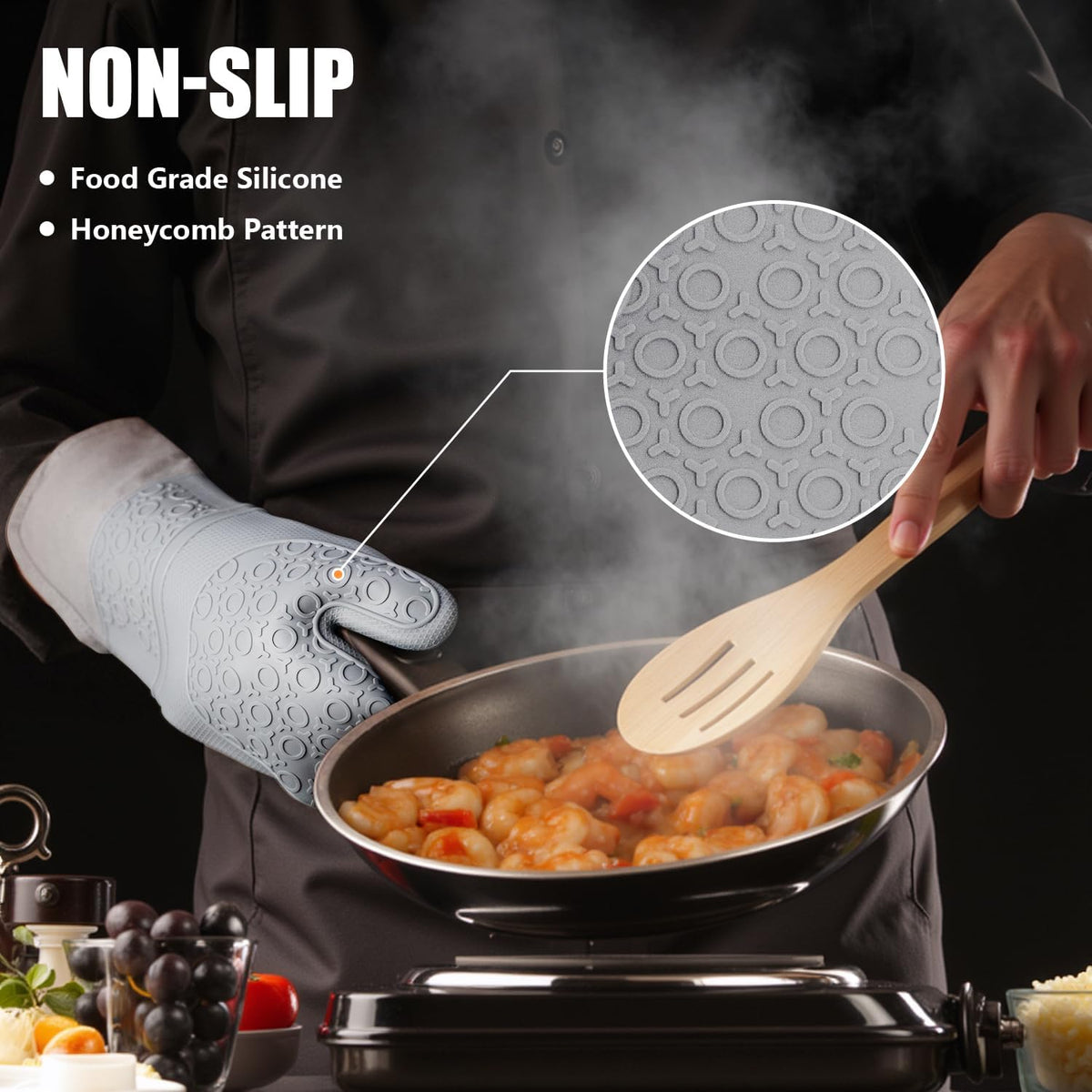 RORECAY Silicone Oven Mitts and Pot Holders Sets, Gloves for Kitchen, Beige