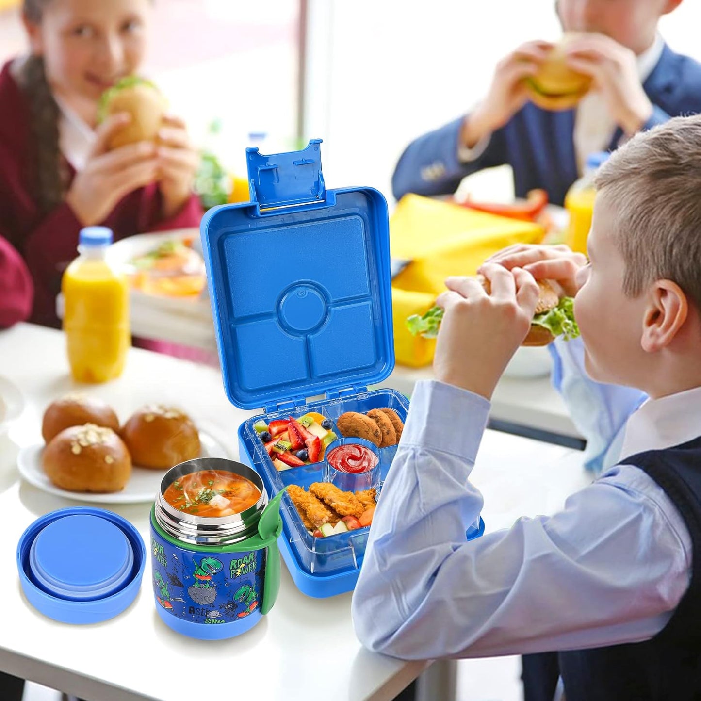 Pawtong Bento Lunch Box Set With 10oz Soup Thermo, Leak-proof Lunch Containers with 4 Compartment, Kids Hot Thermo Food Jar/Insulation Lunch Bag, Food Containers for School（Dinosaur）