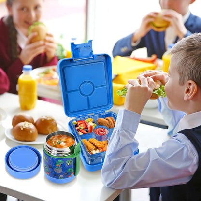 Pawtong Bento Lunch Box Set With 10oz Soup Thermo, Leak-proof Lunch Containers with 4 Compartment, Kids Hot Thermo Food Jar/Insulation Lunch Bag, Food Containers for School（Dinosaur）