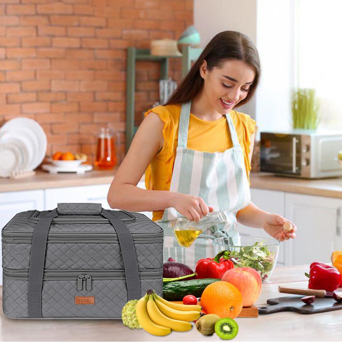 Quilted Double Decker Casserole Carrier - Expandable Dish Carrying Case for Hot or Cold Food, Lasagna Holder for Potluck Parties, Picnic, Beach, Fits 9"×13" Baking Dish (Black)