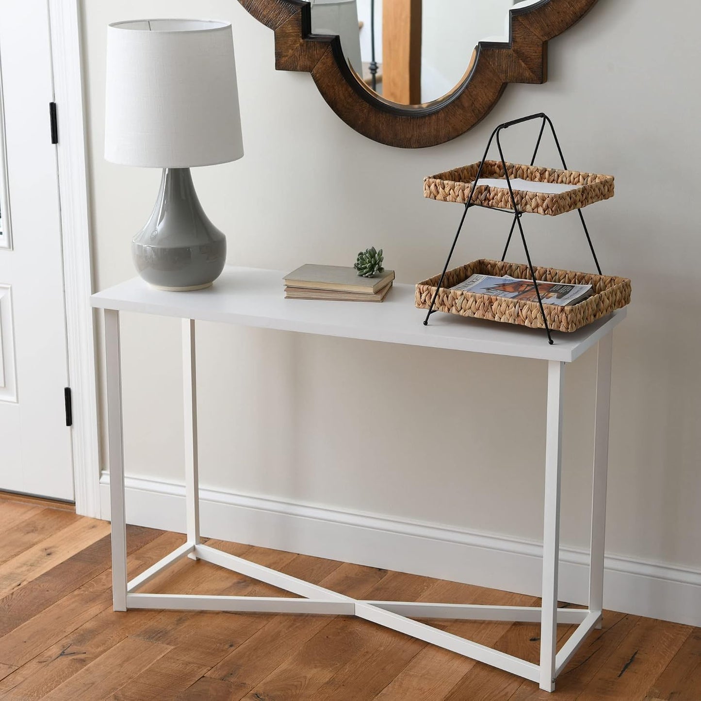 Household Essentials Artisan Water Hyacinth and Iron 2-Tier Tray Tower
