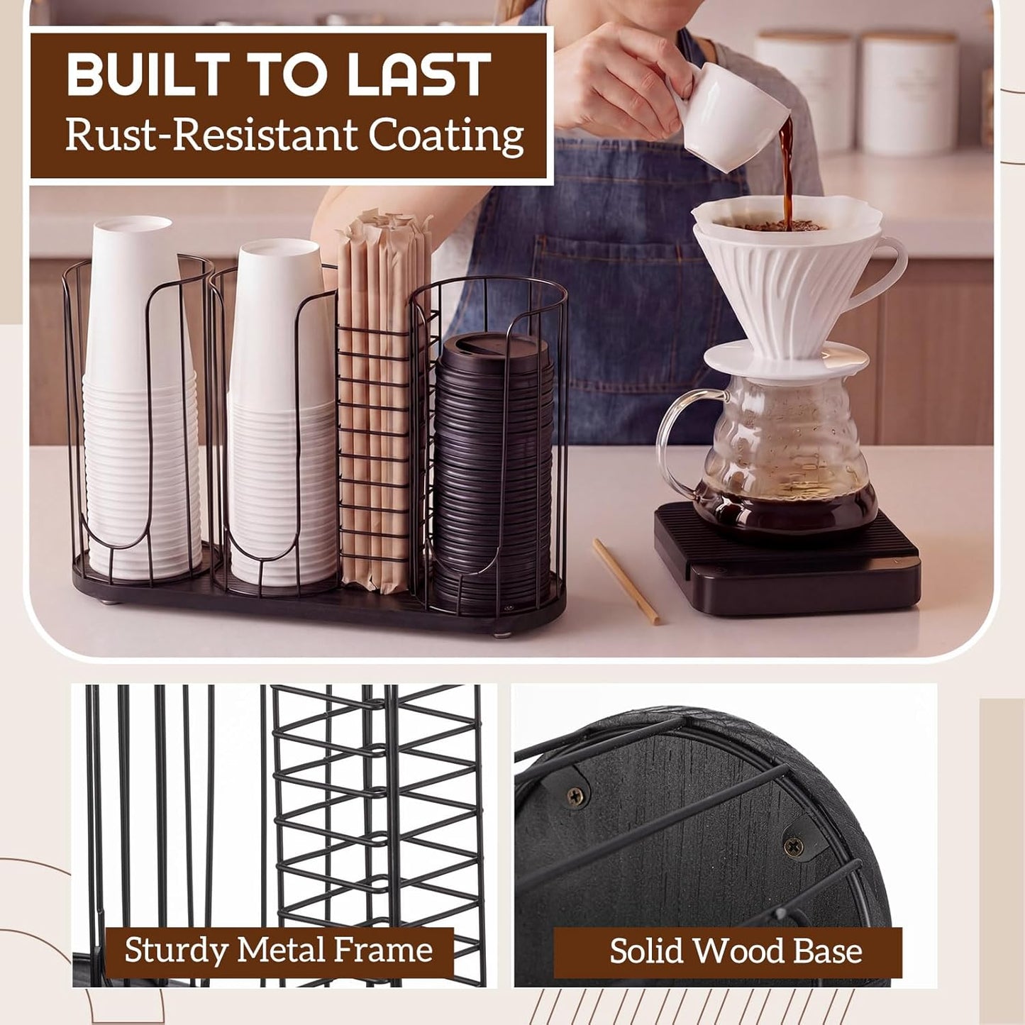 Geelin 18oz Adjustable Coffee Cup Dispenser with Wooden Base, Cup and Lid Holder, Cups Holder Organizer for Coffee Pod Straw and Lid Storage(2-compartment Single,Color 2)
