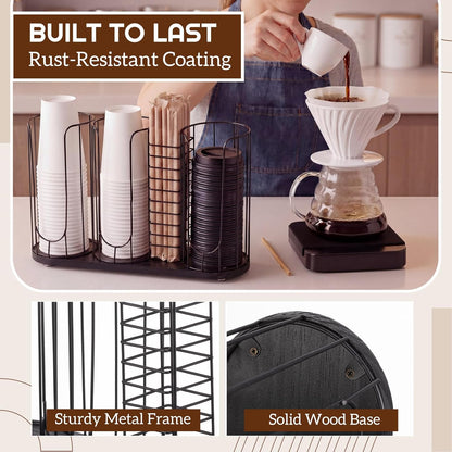 Geelin 18oz Adjustable Coffee Cup Dispenser with Wooden Base, Cup and Lid Holder, Cups Holder Organizer for Coffee Pod Straw and Lid Storage(2-compartment Single,Color 2)