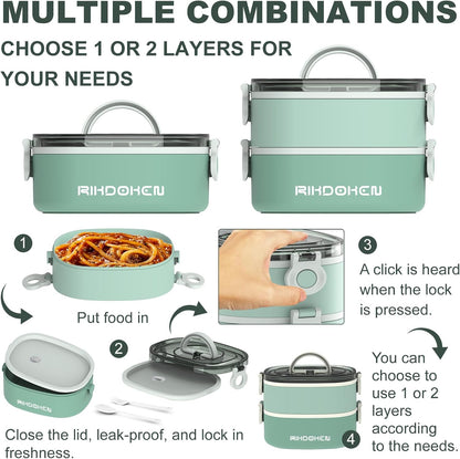 RIKDOKEN Lunch Box, Stackable 3 Layers Containers, Portable 94OZ Large Capacity Leakproof Bento Box with Spoon & Fork & Sauce Boxes, Microwave Safe Lunch Box for Kids and Adults