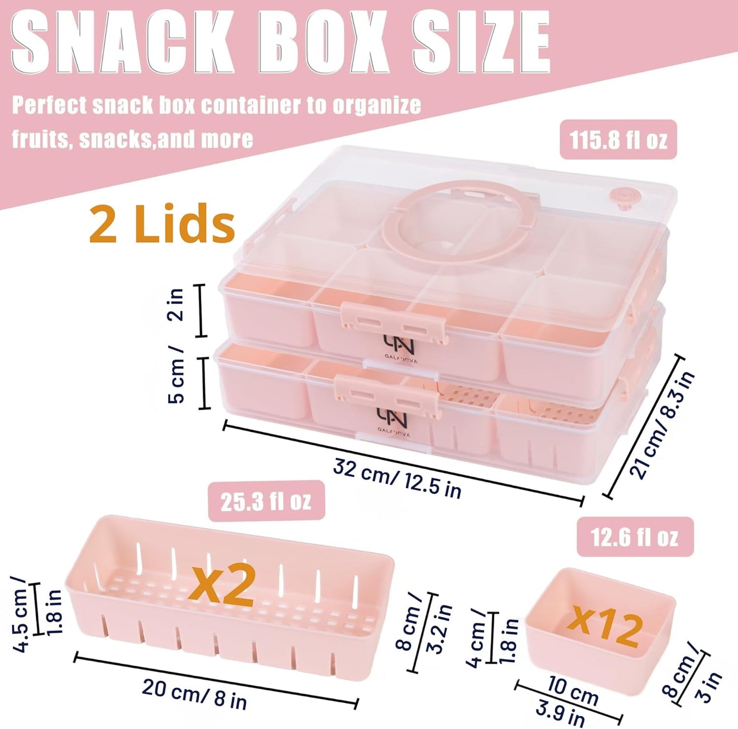 Snackle Box Container - 10 Compartments Including 2 XL, Dishwasher & Microwave Safe, Divided Serving Tray with Lid and Handle, BPA-Free, snack box (1 PCS, White, 1 Box with 2 XL Compartments)