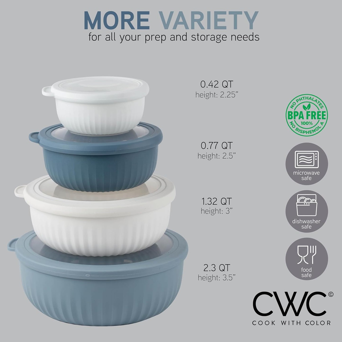 COOK WITH COLOR Prep Bowls with Lids- Wide and Deep Nesting Plastic Small Mixing Bowl Set with Lids, 8 Piece Set - Wide Bowls, Blue