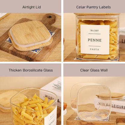 2 Pack large Square Glass Flour and Sugar Containers with 132 Kitchen Pantry Labels - 149 floz & 71 floz - Glass Jars with Airtight Bamboo Lid - Glass Rice Canisters for Coffee, Pasta, Cookie, Cereal
