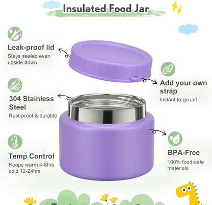 Lunch Box Kids with 5 Compartments, Insulated Food Jar & Utensils, Leak Proof Bento Box with Sauce Container, BPA-Free & Dishwasher Safe, Dinosaur Design(Purple)