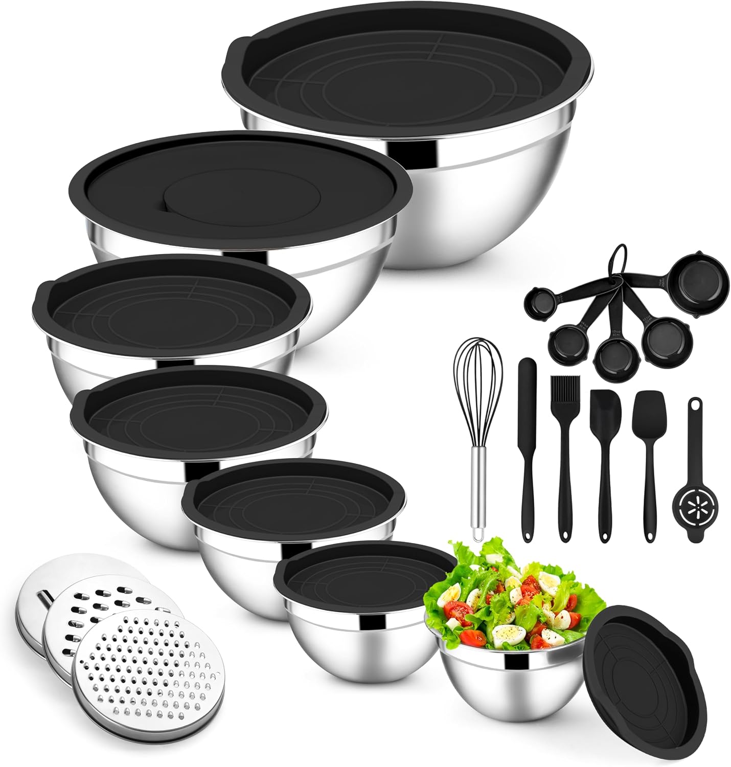 E-far Stainless Steel Mixing Bowls with Lids Set, 5-Piece Nesting Salad Bowls with 3 Grater Attachments and Non-Slip Bottoms, Size 4.6, 2.6, 2, 1.5, 1QT for Kitchen (Khaki)