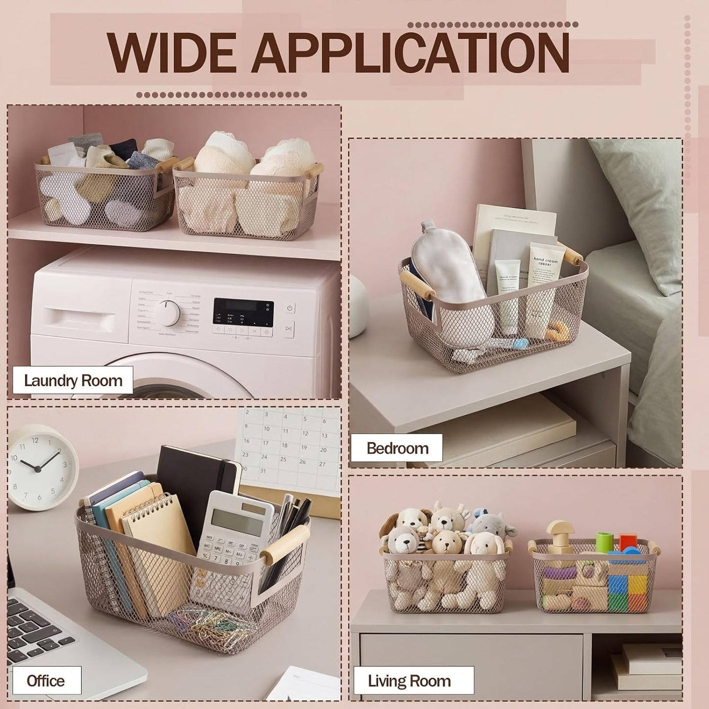 Mumufy 3 Pcs Metal Mesh Basket with Wooden Handles Wire Steel Organizer Bins Pantry Organizers Kitchen Baskets for Closet Cabinet Bathroom Fridge Food Snacks Organization (Warm Tapue,3 Sizes)