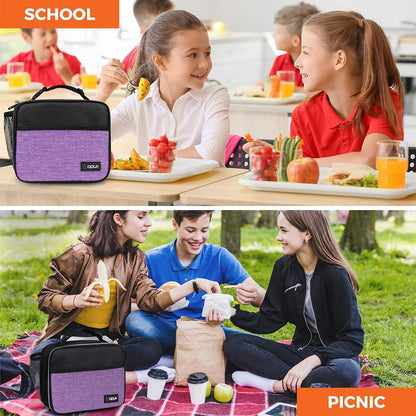 opux Insulated Lunch Bag Kids, Lunch Box for School Boy Girl, Leakproof Small Reusable Compact Soft Mini Cooler Bag, Toddler Small Lunch Boxes Kit Pail with Front Side Pockets (Purple)