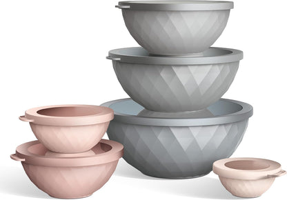 COOK WITH COLOR Mixing Bowls with Lids - 12 Piece Plastic Nesting Bowls Set includes 6 Prep Bowls and 6 Lids, Microwave Safe Mixing Bowl Set, Pink Embossed - Colors B