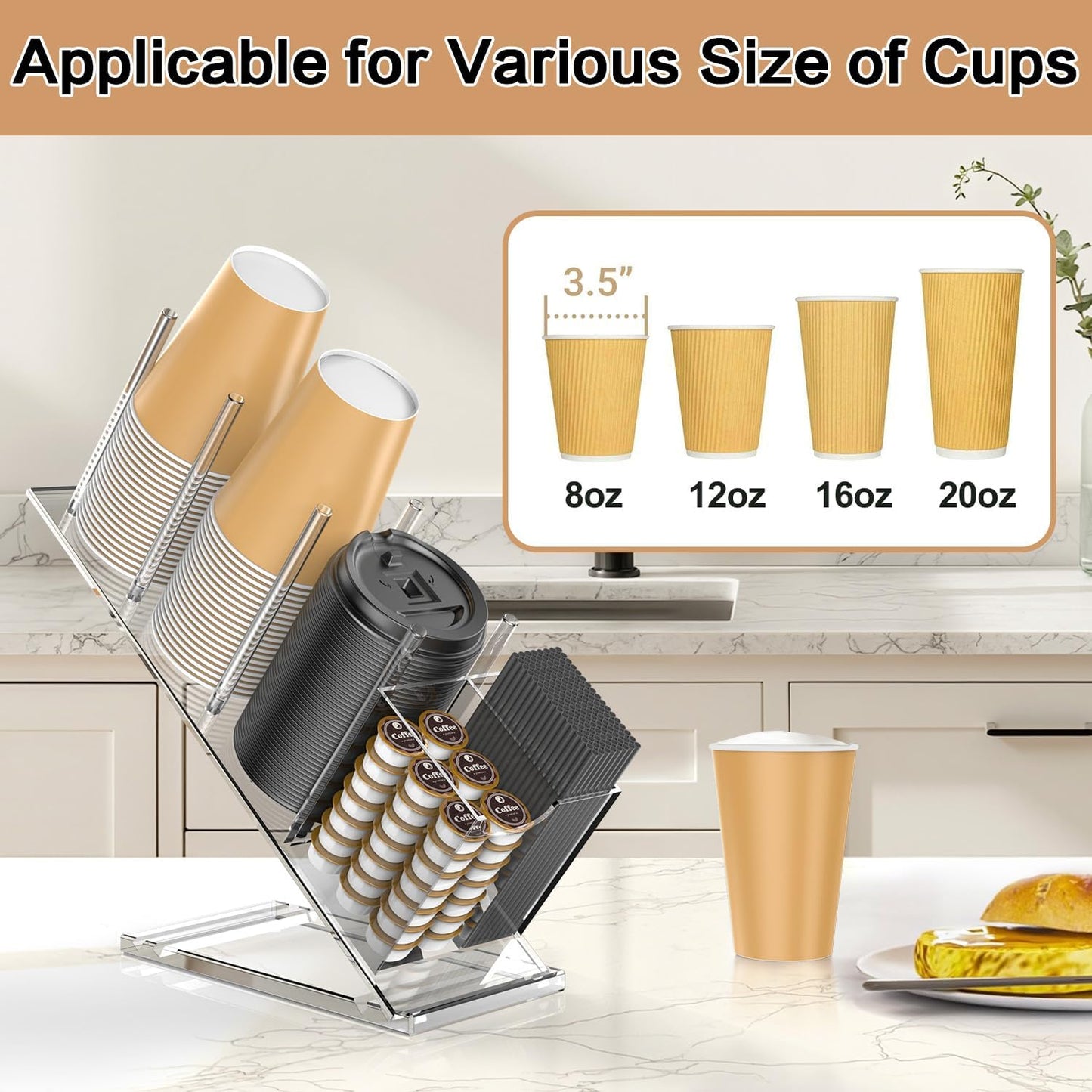 Acrylic Cup and Lid Holder with Straw Organizer, Adjustable Coffee Cup Holder Organizer, 5 Compartment Cup Dispenser for Disposable Paper & Plastic Cups, for Station Home Countertop(Patent in Effect)