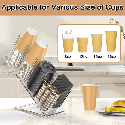 Acrylic Cup and Lid Holder with Straw Organizer, Adjustable Coffee Cup Holder Organizer, 5 Compartment Cup Dispenser for Disposable Paper & Plastic Cups, for Station Home Countertop(Patent in Effect)