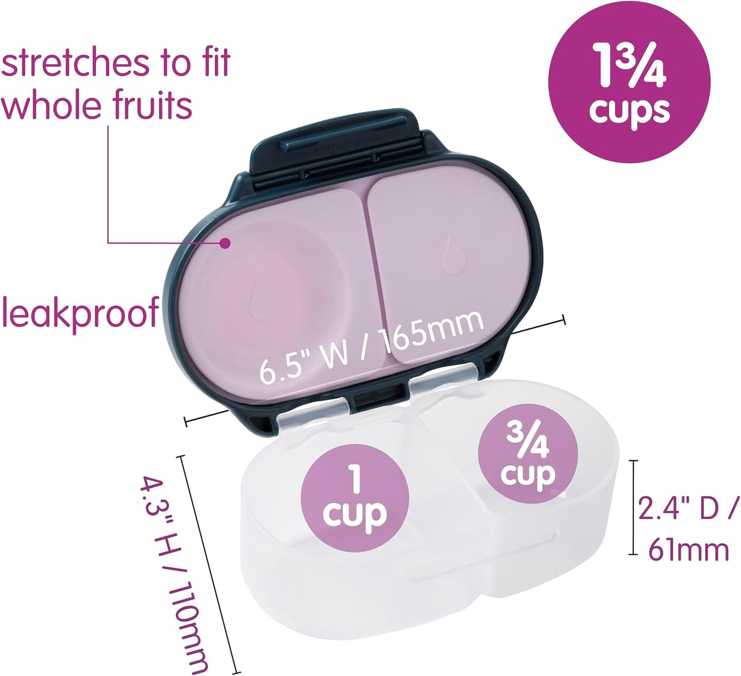 b.box Snack Box 2-Pack - Leak Proof Mini Bento Box for Kids & Toddlers, 2 Compartment Snack Containers for Kids, Dishwasher Safe, BPA-Free, PFAS-Free, Ages 4mo+, 1 3/4 Cup Each (Strawberry + Lilac)