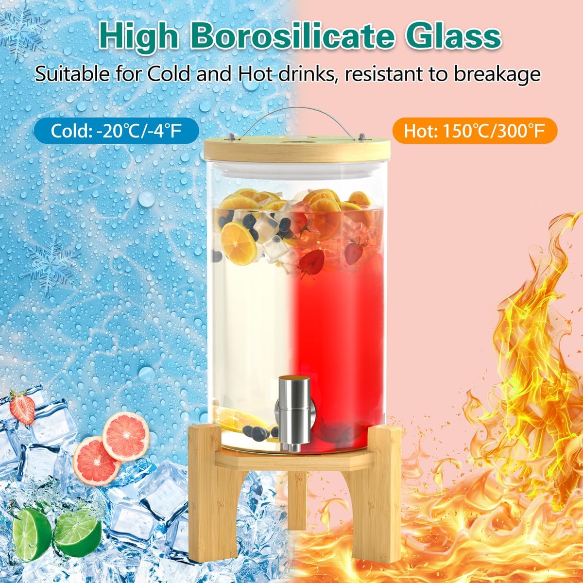 1 Gallon Glass Drink Dispenser For Parties, Beverage Dispenser With Bamboo Wood Stand And Stainless Steel Spigot, Countertop Water Dispenser, Lemonade Dispenser For Wedding, Picnic (1PACK)