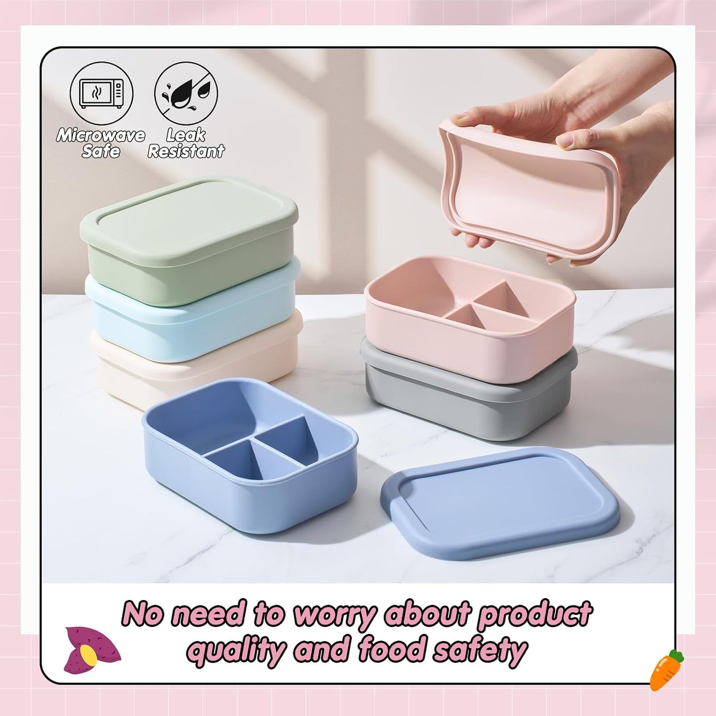 Layhit 4 Pcs Silicone Bento Box for Adults, 27 oz Bento Lunch Container Reusable 3 Compartment Lunchable Food Container for Women Men, Leak Proof Microwave Dishwasher Freezer Safe (Cool Colors)