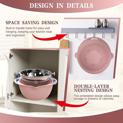 4-in-1 Colander with Bowl Set — Patented 360° Rotatable Strainer Bowl with 3 Graters, Snap-On Lid & Non-Slip Base, Funny Kitchen Present for Women, Aesthetic Pasta Fruit Vegetable Strainer (Beige)
