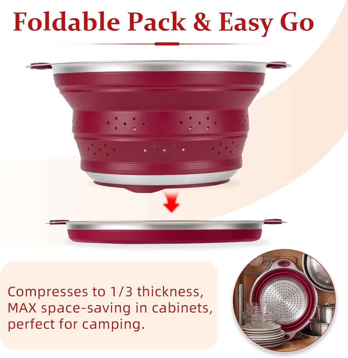 Collapsible Colander Set with Silicone Mat,2-in-1 Stainless Steel Colander for Kitchen, Foldable Metal Colander, Space-Saving for Pasta Veggies Fruit(NAVY BLUE)