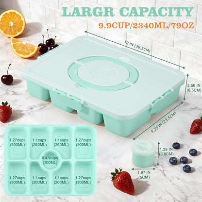 Snackle Box Container, Divided Serving Tray with Lid and Handle, 9 Compartments Snack Box Container for Adults, Portable Charcuterie Serving Platter for Candy Fruit, 9.9 Cups, White Grey