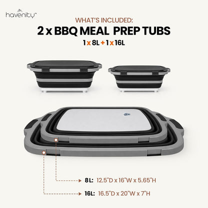 BBQ Prep Tub 2 Pack (8L+8L) - Multifunctional Collapsible Camping Cutting Board with Upgraded Locking Lid, Meal Prep Meat Storage Container Perfect for Grilling, Outdoor Cooking (Large x 2)