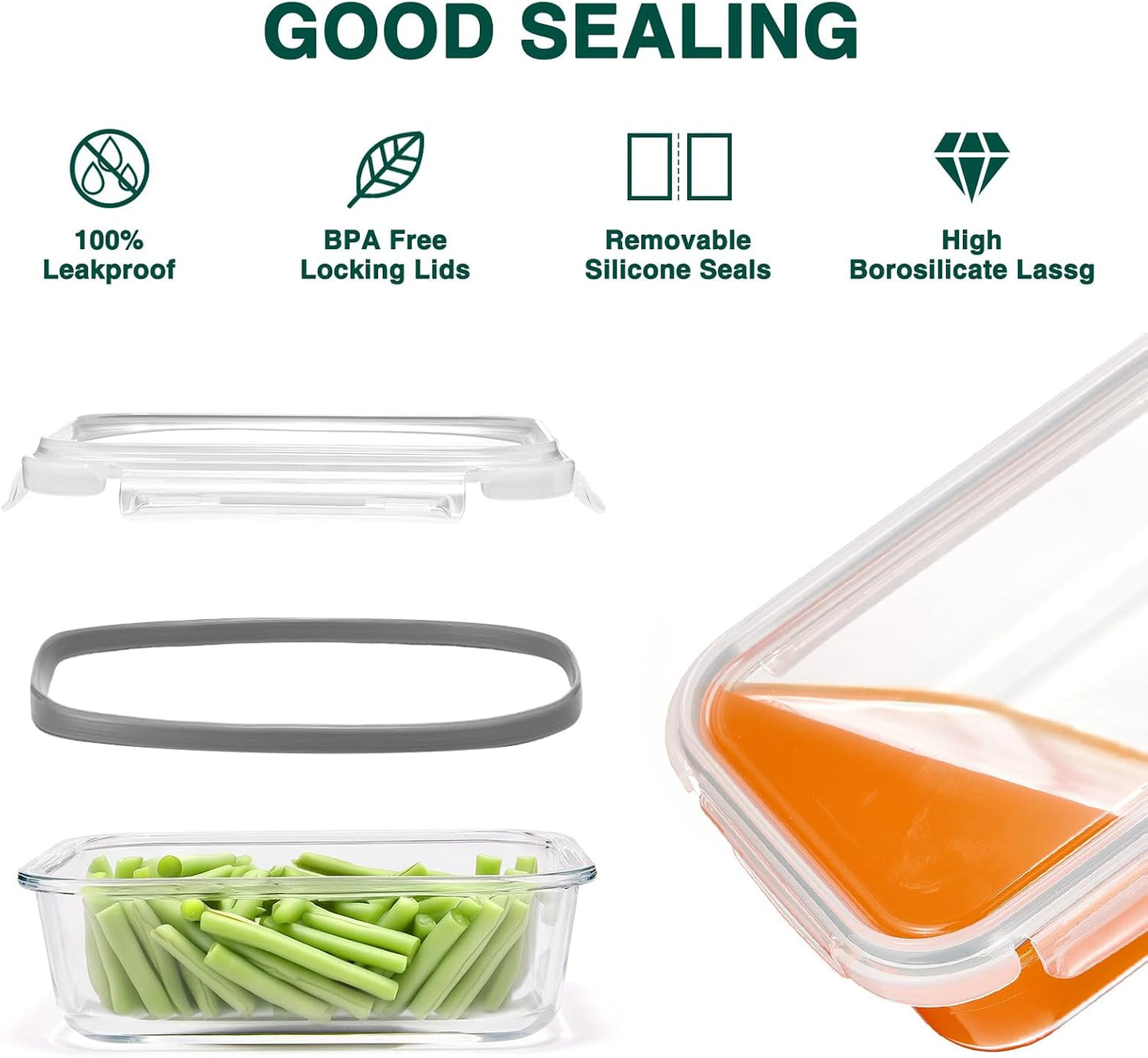 Glotoch glass meal prep containers food storage containers with lids, 5 pack of ultra-durable borosilicate, Leak-proof lunch boxes, Oven, microwave, freezer and dishwasher safe