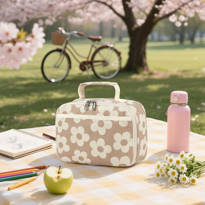 Bluboon Insulated Lunch Bag for Girls & Boys, Corduroy School Lunch Box with Cooler & Organizer Compartments, Leak-Proof Lunch Tote for School, Travel (Corduroy Strawberries Beige)