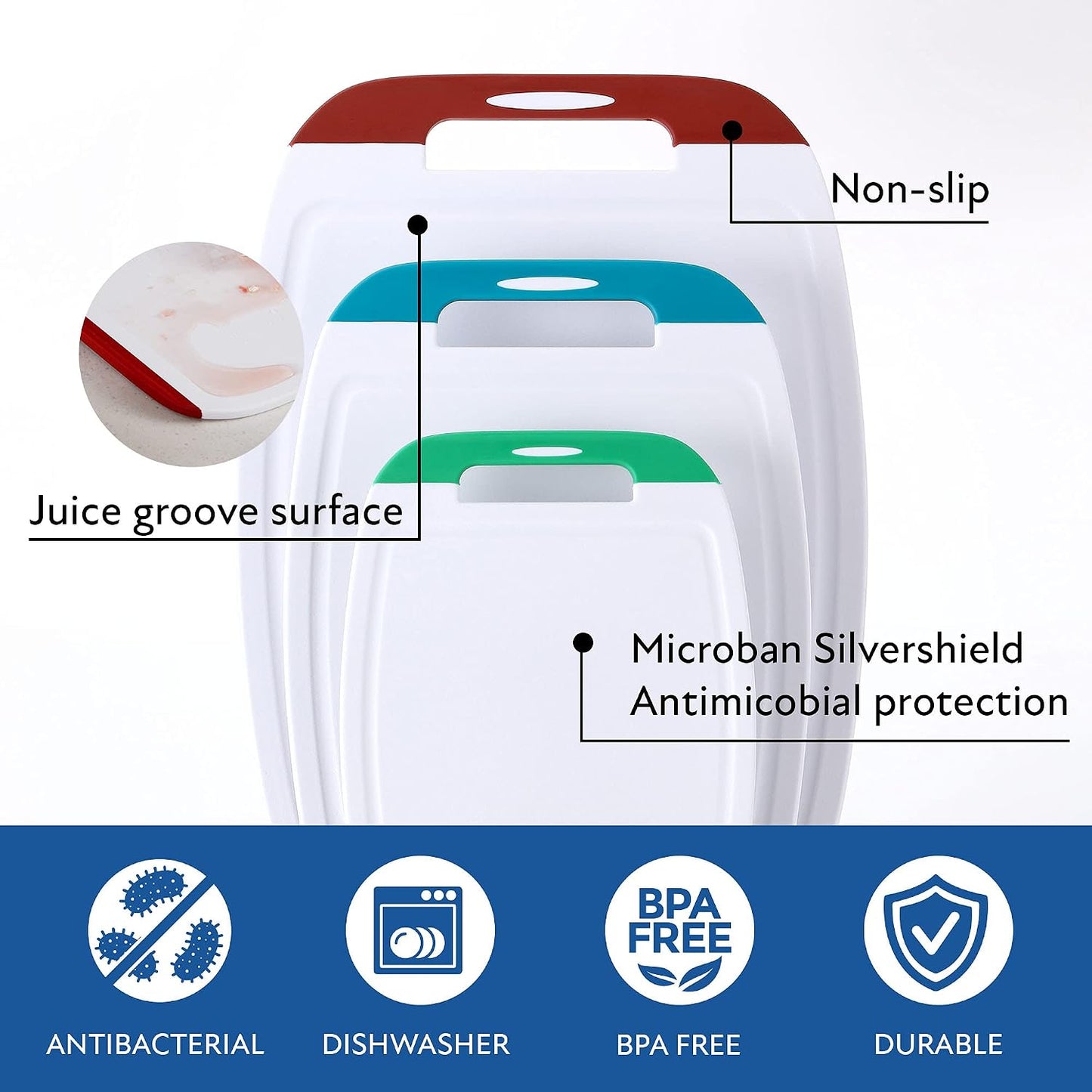 Neoflam Microban Protection Cutting Board 3 Piece Set, Stain & Odor/BPA Free, Reversable Board, Upgraded Larger Juice Groove, Non-Slip EZ Grip Handle, Dishwasher Safe, Pastel