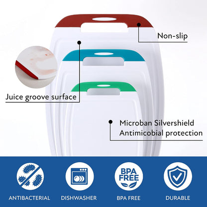 Neoflam Microban Protection Cutting Board 3 Piece Set, Stain & Odor/BPA Free, Reversable Board, Upgraded Larger Juice Groove, Non-Slip EZ Grip Handle, Dishwasher Safe, Pastel